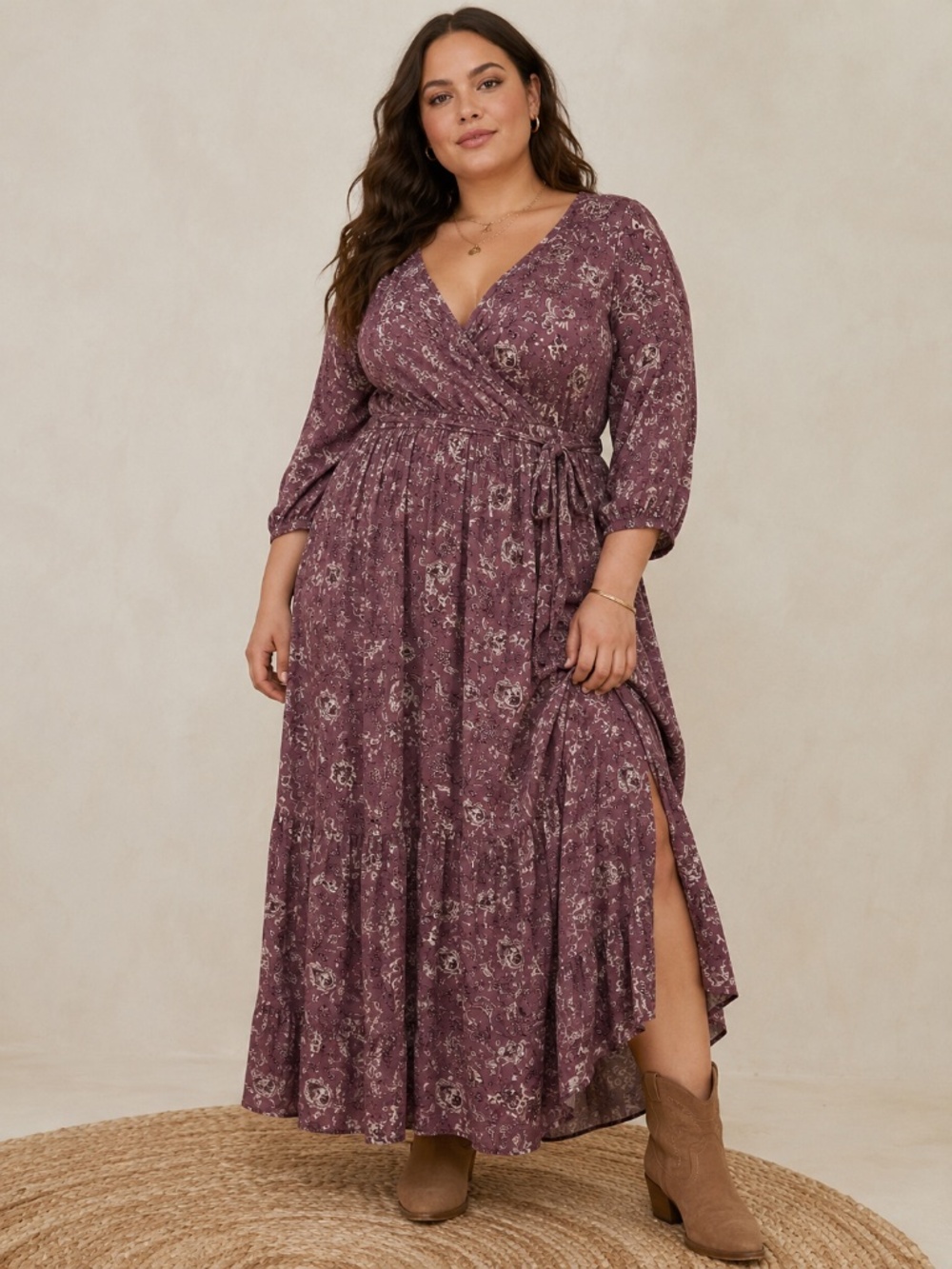Knox Rose Boho Floral Wrap Dress Mauve Long Sleeve Maxi - size XXL